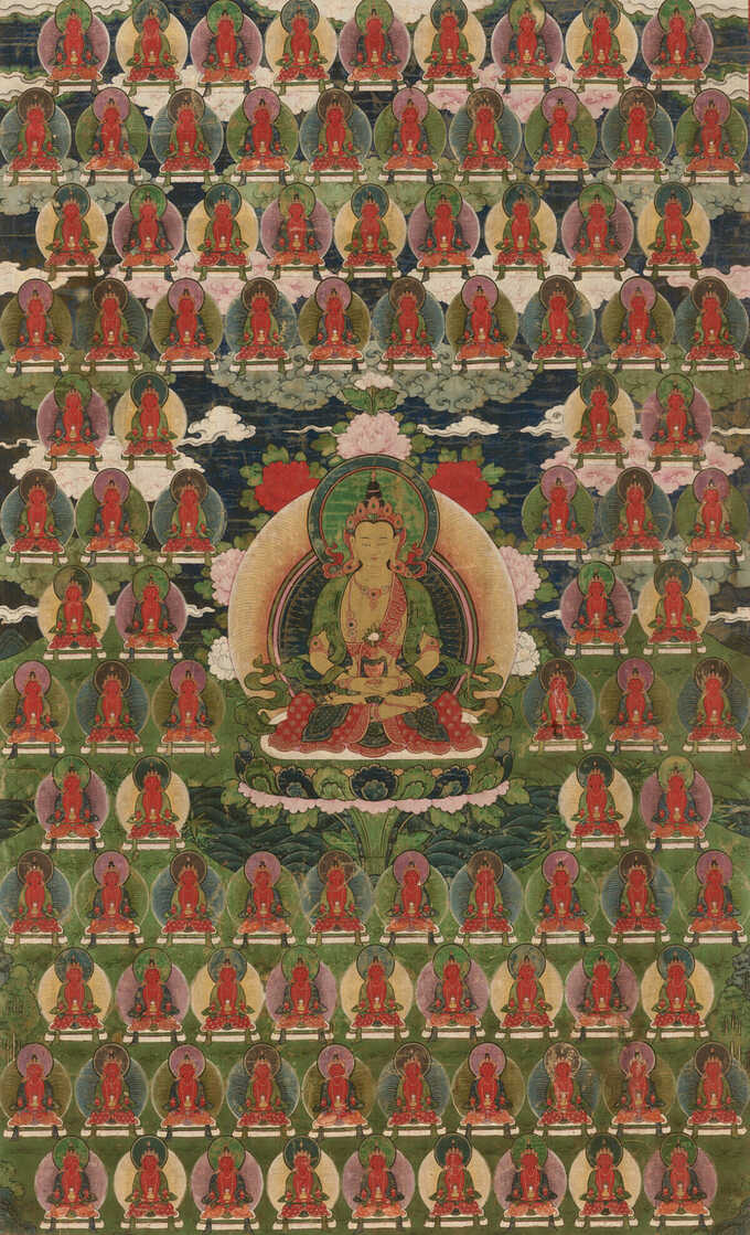  : Bannière peinte (Thangka) du Bouddha Amitayus entouré de cent bouddhas