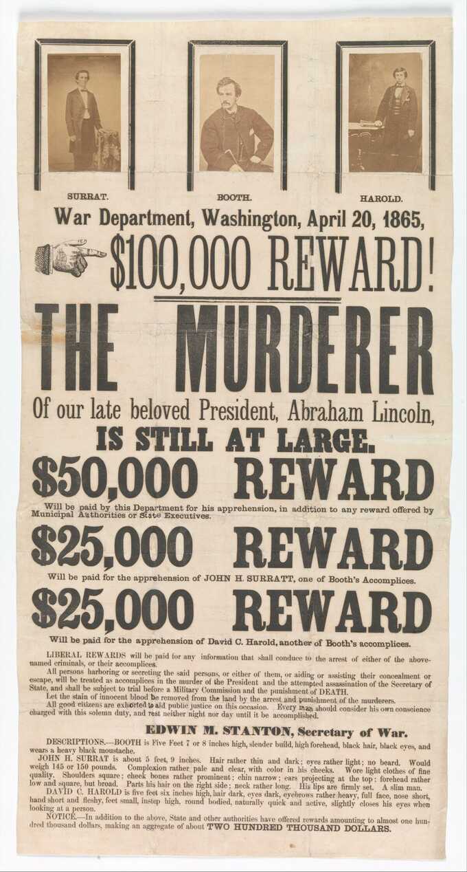 Unknown : [Broadside pour la capture de John Wilkes Booth, John Surratt et David Herold]