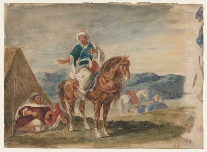 Eugène Delacroix : Trois cavaliers arabes dans un campement