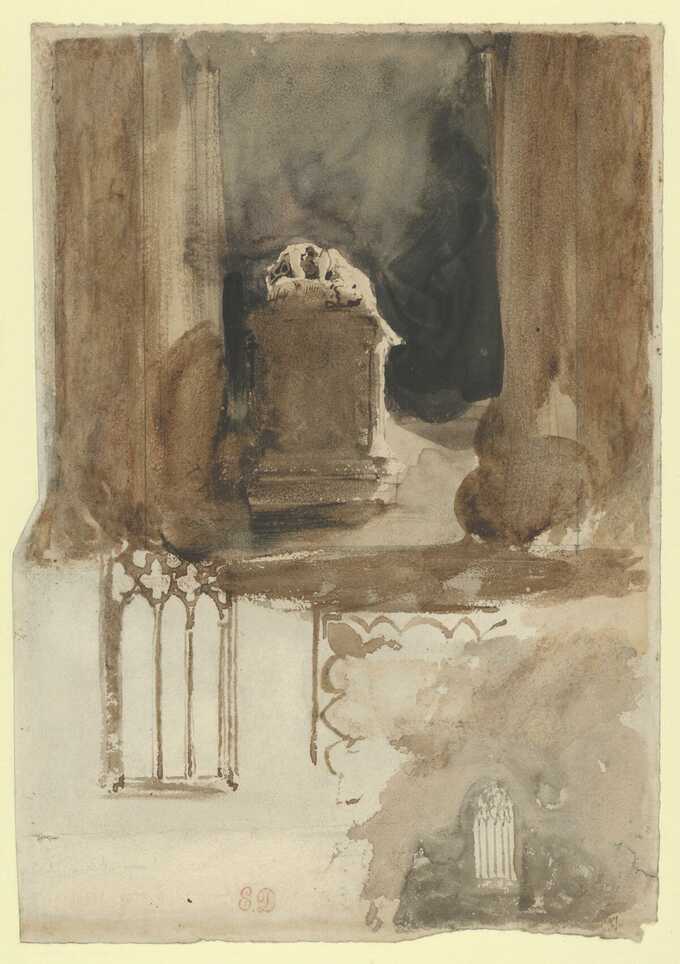 Eugène Delacroix : Une tombe et des études de fenêtres dans l'église de l'abbaye de Valmont (recto) ; Quatre études de chevaux (verso)