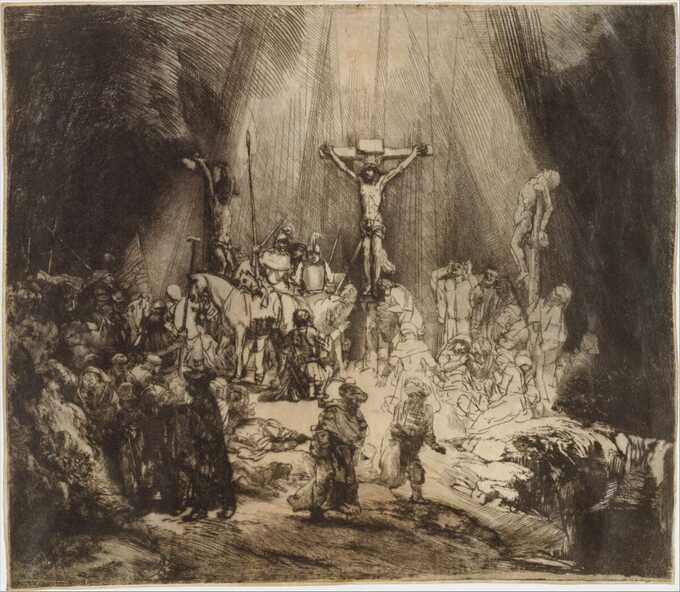 Rembrandt (Rembrandt van Rijn) : Le Christ crucifié entre les deux voleurs : les trois croix