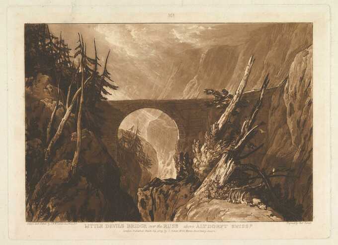 Joseph Mallord William Turner : Petit Pont du Diable sur le Russ, au-dessus d'Altdorft, Suisse (Liber Studiorum, partie IV, planche 19)