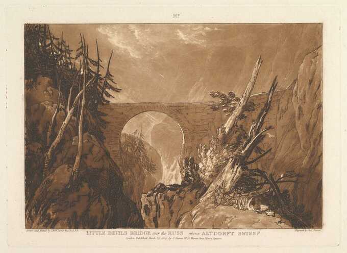Joseph Mallord William Turner : Petit Pont du Diable sur le Russ, au-dessus d'Altdorft, Suisse (Liber Studiorum, partie IV, planche 19)