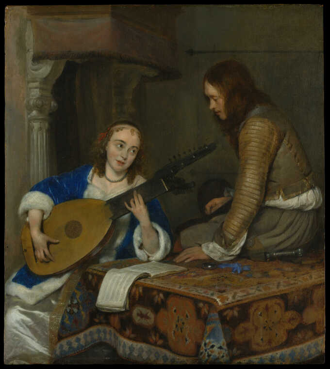 Gerard ter Borch the Younger : Une femme jouant du théorbe-luth et un cavalier