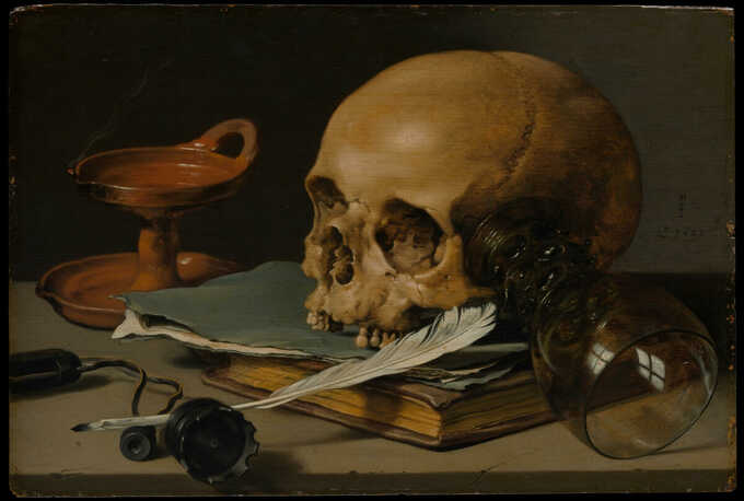 Pieter Claesz : Nature morte avec un crâne et une plume d'écriture