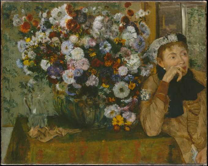 Edgar Degas : Une femme assise à côté d'un vase de fleurs (Madame Paul Valpinçon ?)
