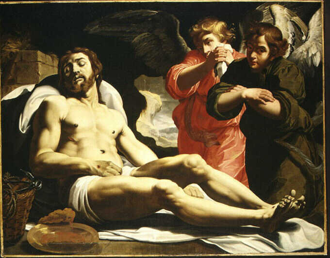 Abraham Janssen van Nuyssen : Le Christ mort au tombeau avec deux anges