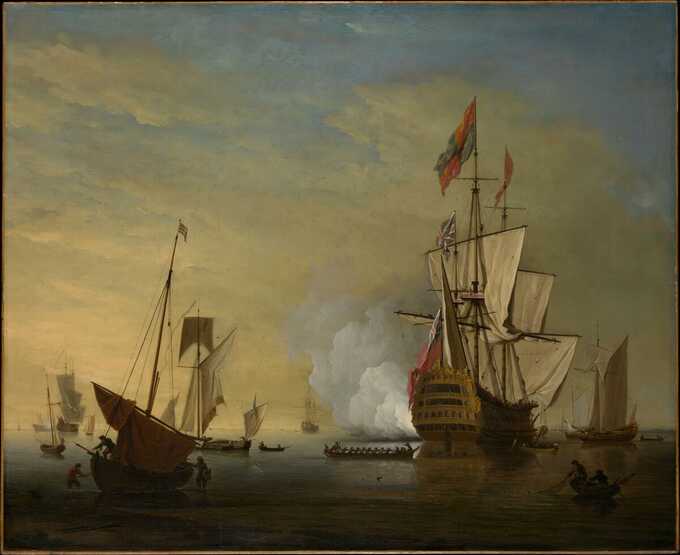 Peter Monamy : Scène de port : un navire anglais avec des voiles desserrées tirant une arme à feu