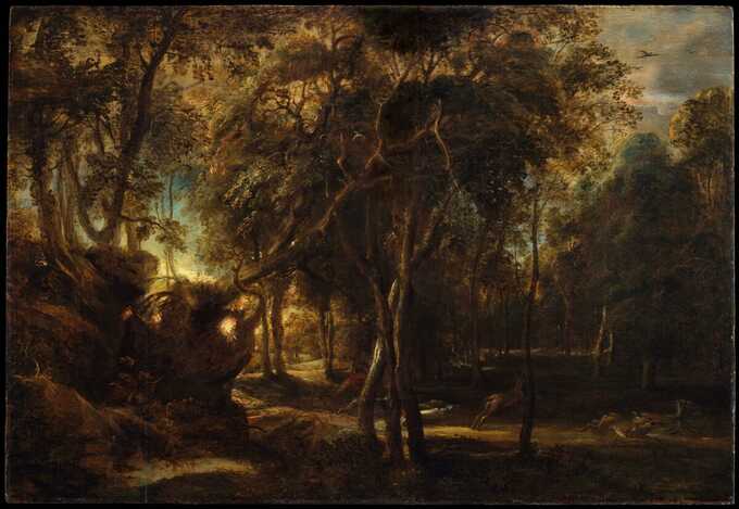 Peter Paul Rubens : Une forêt à l'aube avec une chasse au cerf