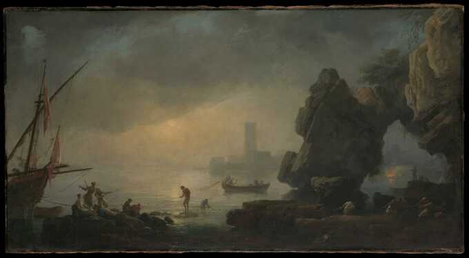 Joseph Vernet : Scène de port avec une grotte et des pêcheurs transportant des filets