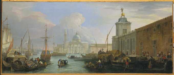 Luca Carlevaris : Le Bacino, Venise, avec la Dogana et une vue lointaine de l'Isola di San Giorgio