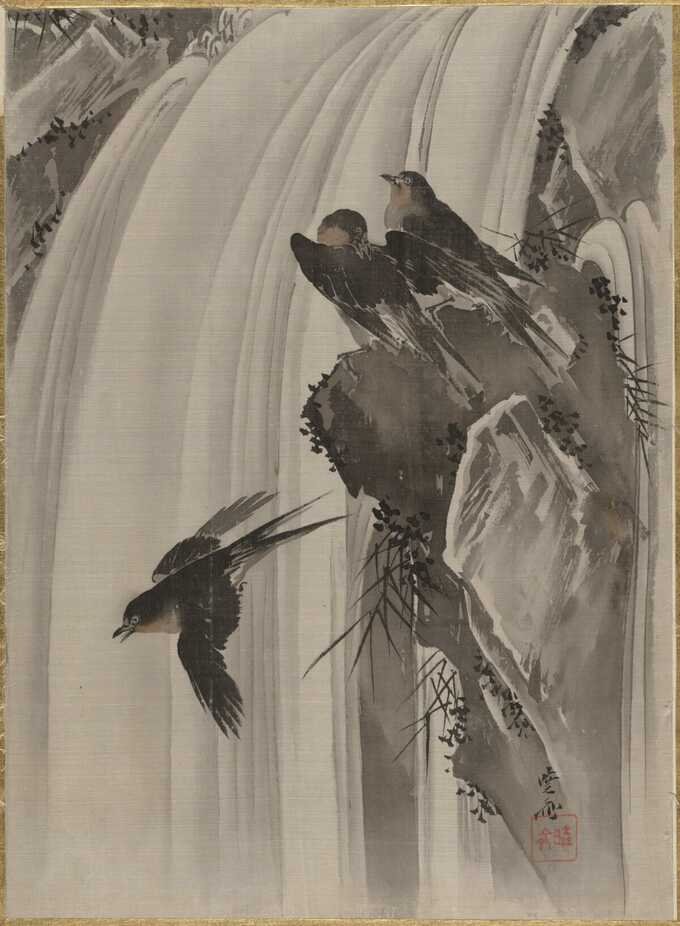 Kawanabe Kyōsai 河鍋暁斎 : Hirondelles par une cascade