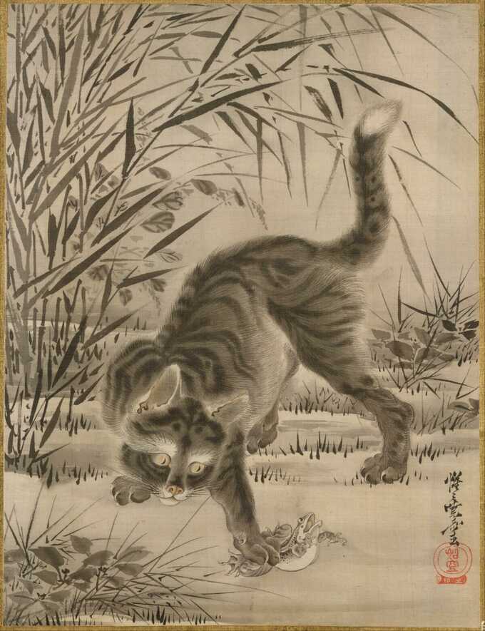 Kawanabe Kyōsai : Chat attrapant une grenouille