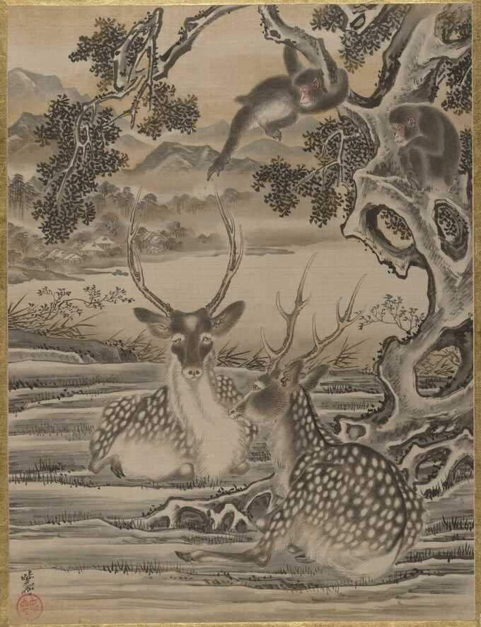 Kawanabe Kyōsai 河鍋暁斎 : Cerf et singes