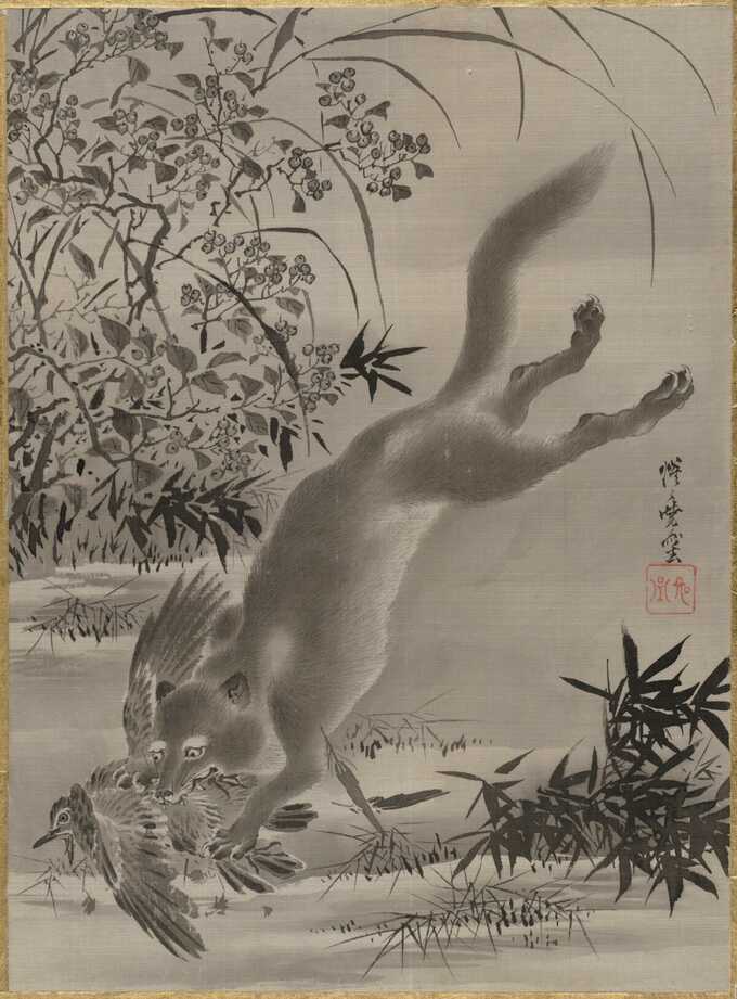 Kawanabe Kyōsai 河鍋暁斎 : Renard attrapant l'oiseau