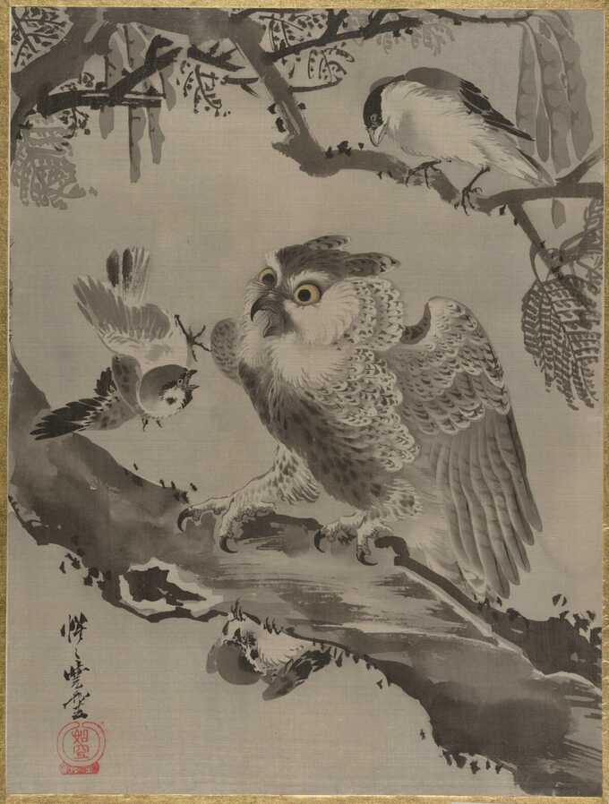 Kawanabe Kyōsai 河鍋暁斎 : Hibou moqué par les petits oiseaux