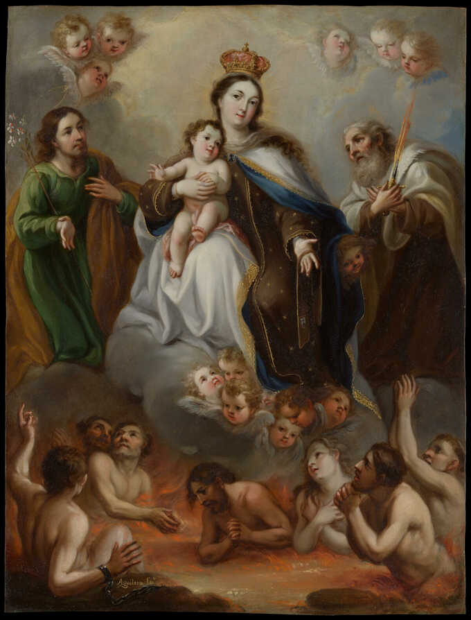 Juan Francisco de Aguilera : La Vierge de Carmen et les âmes du purgatoire avec saint Joseph et le prophète Élie