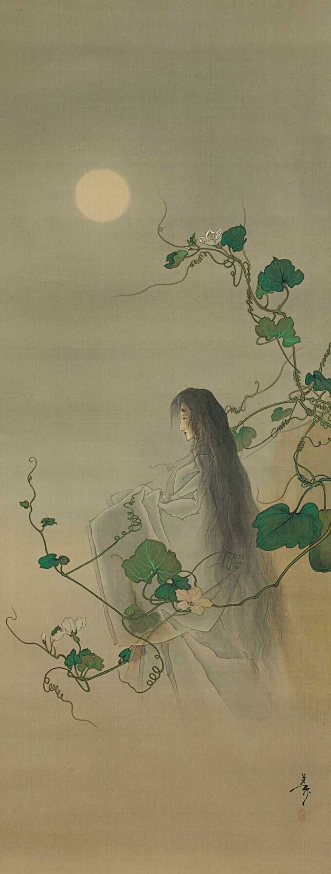 Tsukioka Yoshitoshi : L'esprit du défunt Yūgao enlacé dans des vignes de fleur de lune, d'après l'estampe « La dame aux visages du soir » de la série Cent aspects de la lune (Tsuki hyakushi : Genji Yūgao no maki)