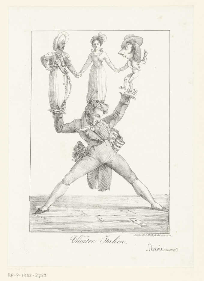 Eugène Delacroix : Caricature du compositeur Rossini avec trois figures de théâtre