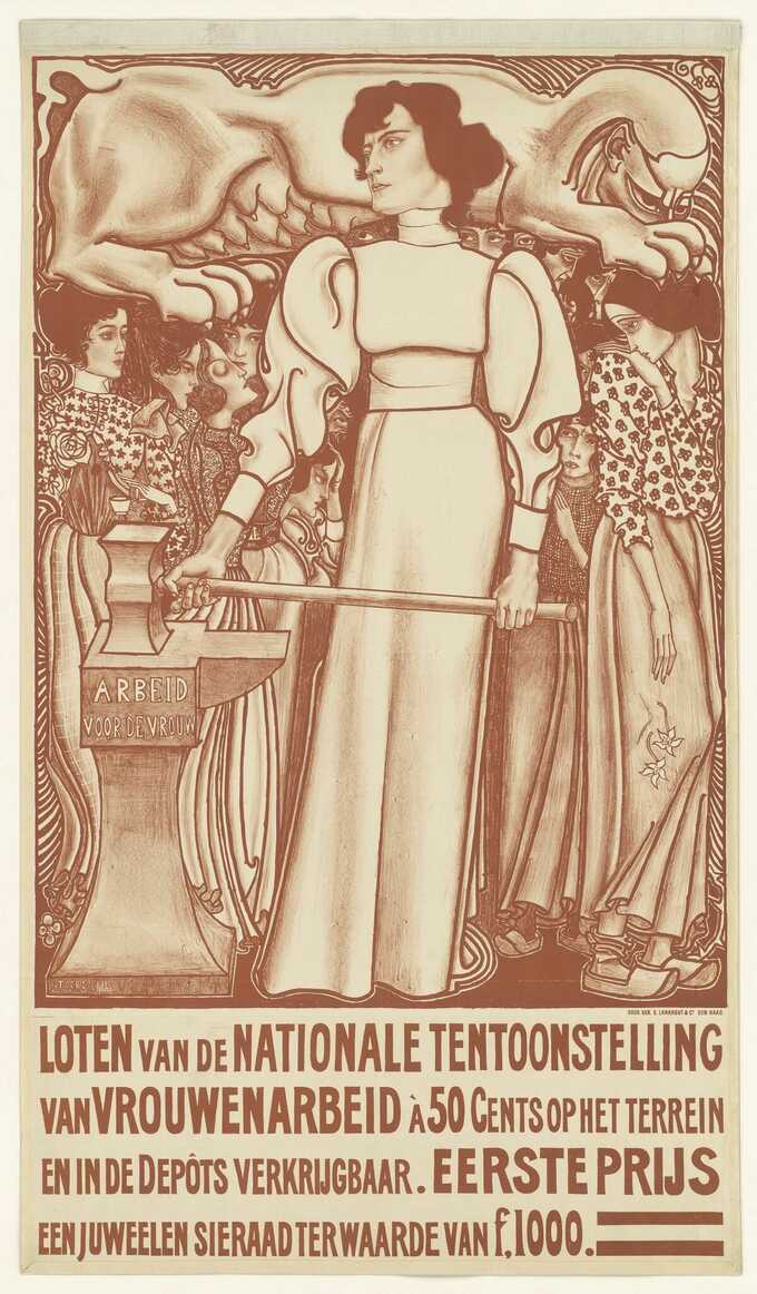 Jan Toorop : Travail pour la femme. Billets de l'Exposition Nationale du Travail Féminin à 50 centimes disponibles sur place et dans les Dépôts. Premier prix un bijou d'une valeur de f.1000,-