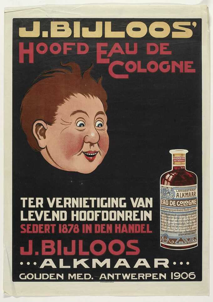 M.A. Jacobson : Head Eau de Cologne de J. Bijloos pour la destruction de la tête vivante impure. J. Bijloos Alkmaar. or méd. Anvers 1906