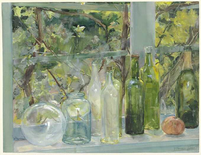 Menso Kamerlingh Onnes : Rebord de fenêtre avec des bouteilles, un globe en verre et une pomme
