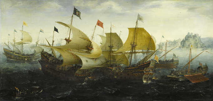 Aert Anthonisz : La bataille de Cadix (des navires hollandais et anglais attaquent l'armada espagnole)