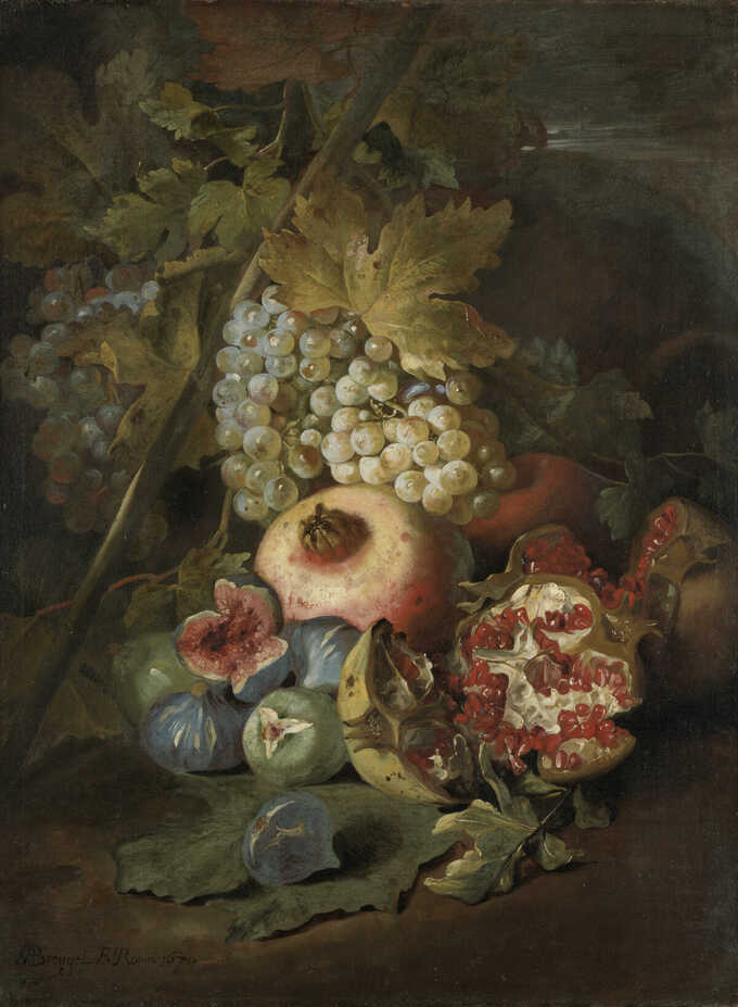 Abraham Brueghel : Grappes de raisins, grenades et figues dans un paysage