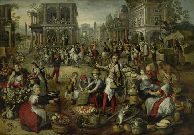 Joachim Bueckelaer : Place du marché, avec la Flagellation, l'Ecce Homo et le Portement de Croix en arrière-plan
