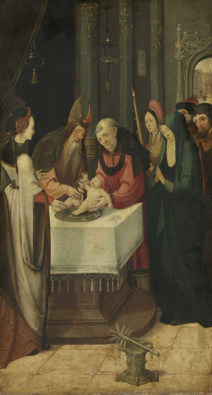 Pseudo Jan Wellens de Cock : La circoncision du Christ, aile gauche d'un retable, au verso est la Vierge d'une scène de l'Annonciation