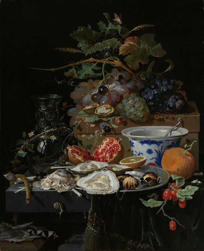 Abraham Mignon : Nature morte aux fruits, aux huîtres et au bol en porcelaine