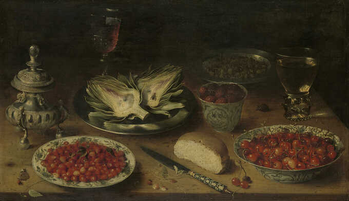 Osias Beert (I) : Nature morte à l'artichaut, fruits en porcelaine de Kraak, salière/roulette à poivre