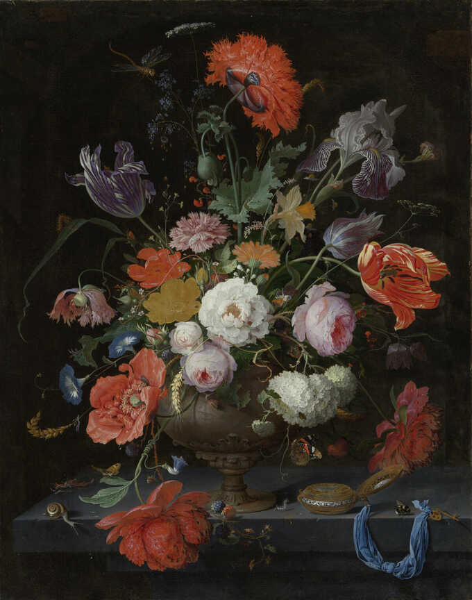 Abraham Mignon : Nature morte avec des fleurs et une montre