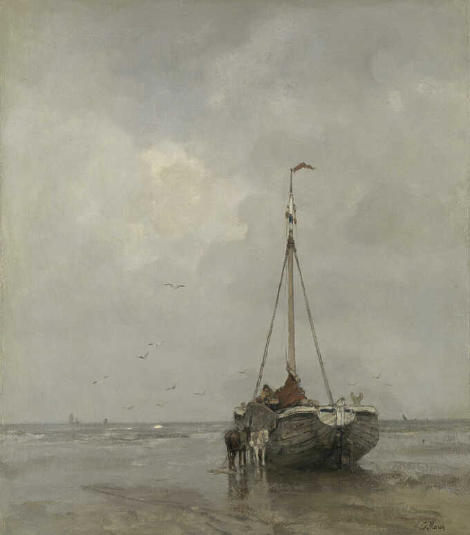 Jacob Maris : Bateau de pêche à la proue sur la plage de Scheveningen