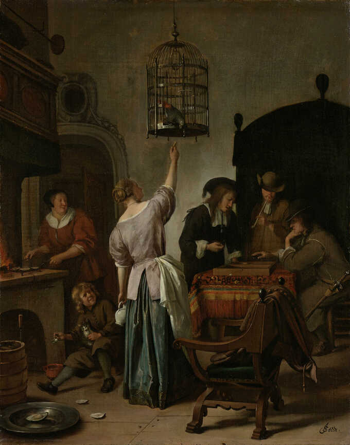 Jan Havicksz. Steen : Intérieur avec une femme nourrissant un perroquet, connu sous le nom de "Cage de perroquet"