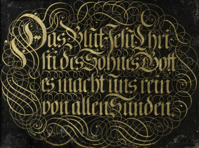 Johann G. M : Peinture sous verre avec dicton calligraphié : Le sang de Jésus-Christ, le Fils de Dieu, nous purifie de tout péché