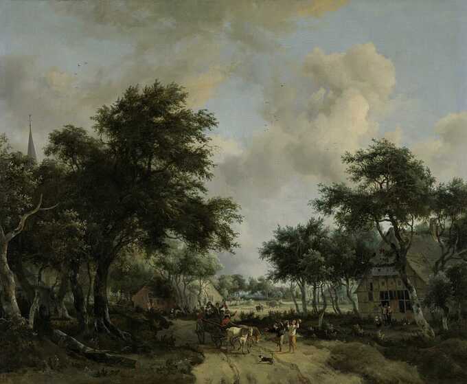 Meindert Hobbema : Paysage boisé avec Merrymakers dans un chariot