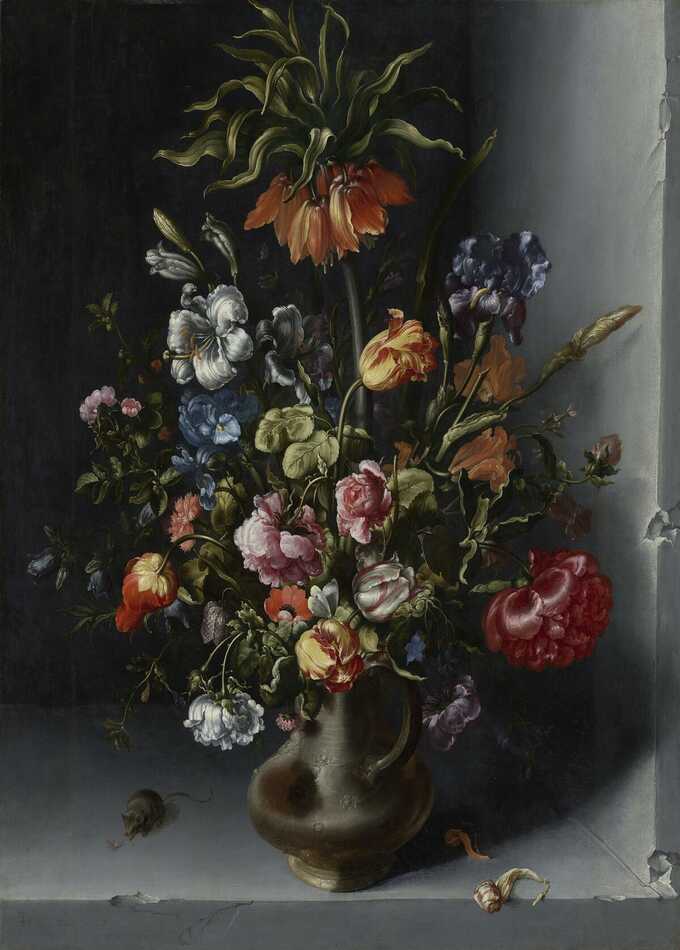 Jacob Vosmaer : Nature morte aux fleurs avec une couronne impériale dans une niche en pierre