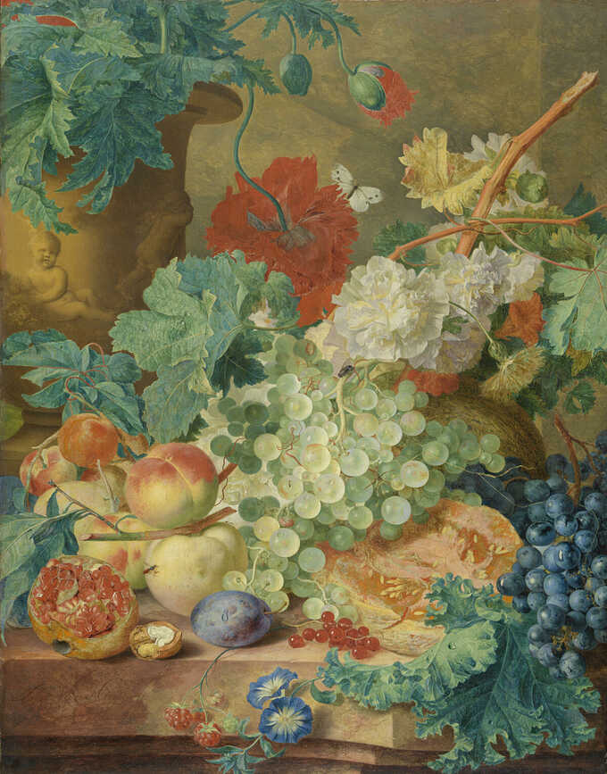 Jan van Huysum : Nature morte aux fleurs et aux fruits