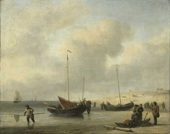 Willem van de Velde (II) : Bateaux de pêche sur le rivage (Le rivage, déchargement d'un smack de pêche)