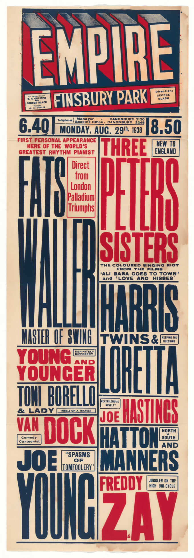 Unidentified : Affiche annonçant la performance de Fats Waller à l'Empire Theatre de Finsbury Park