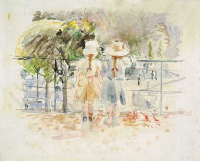 Morisot, Berthe : Deux petites filles à une balustrade au bord du lac dans le Jardin des Tuileries, Paris