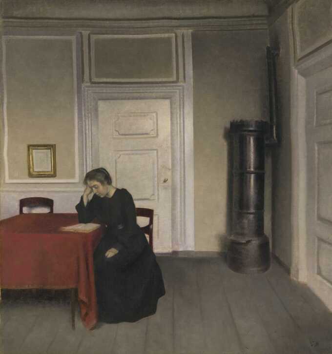 Hammershøi, Vilhelm : Une chambre dans la maison de l'artiste à Strandgade, Copenhague, avec la femme de l'artiste