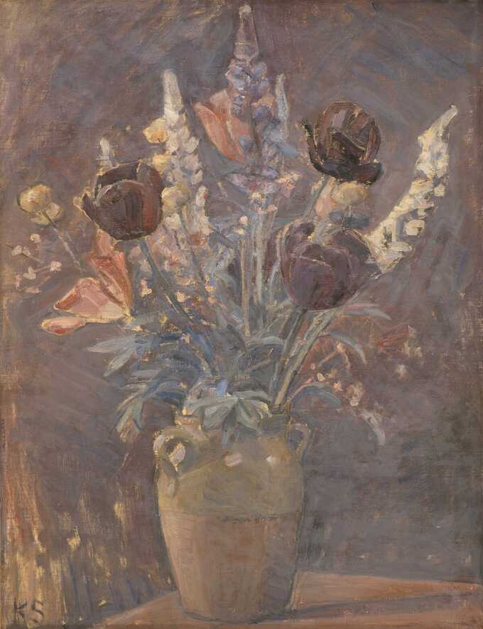 Schou, Karl : Vase en argile avec tulipes et autres fleurs