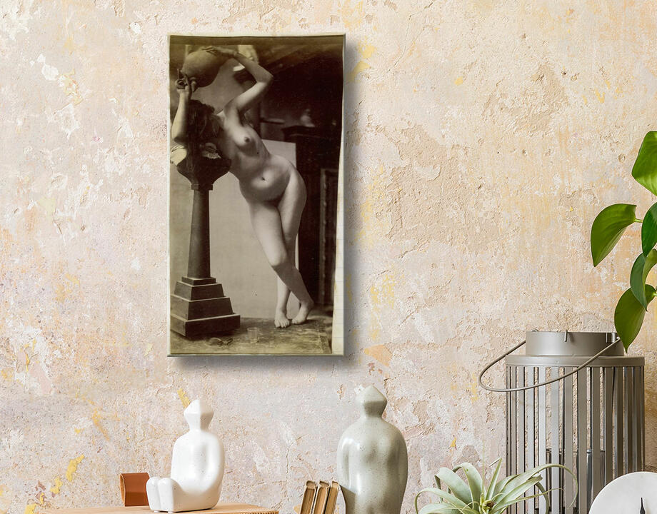 Jacques Lalaing : Etude d'un modèle féminin nu, vu de face, dans l'atelier de Jacques de Lalaing, étude préliminaire pour une fontaine circulaire