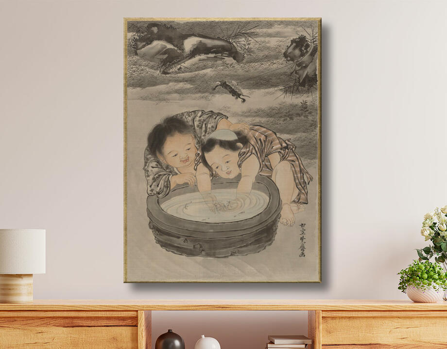 Kawanabe Kyōsai 河鍋暁斎 : Deux enfants jouant avec des poissons rouges