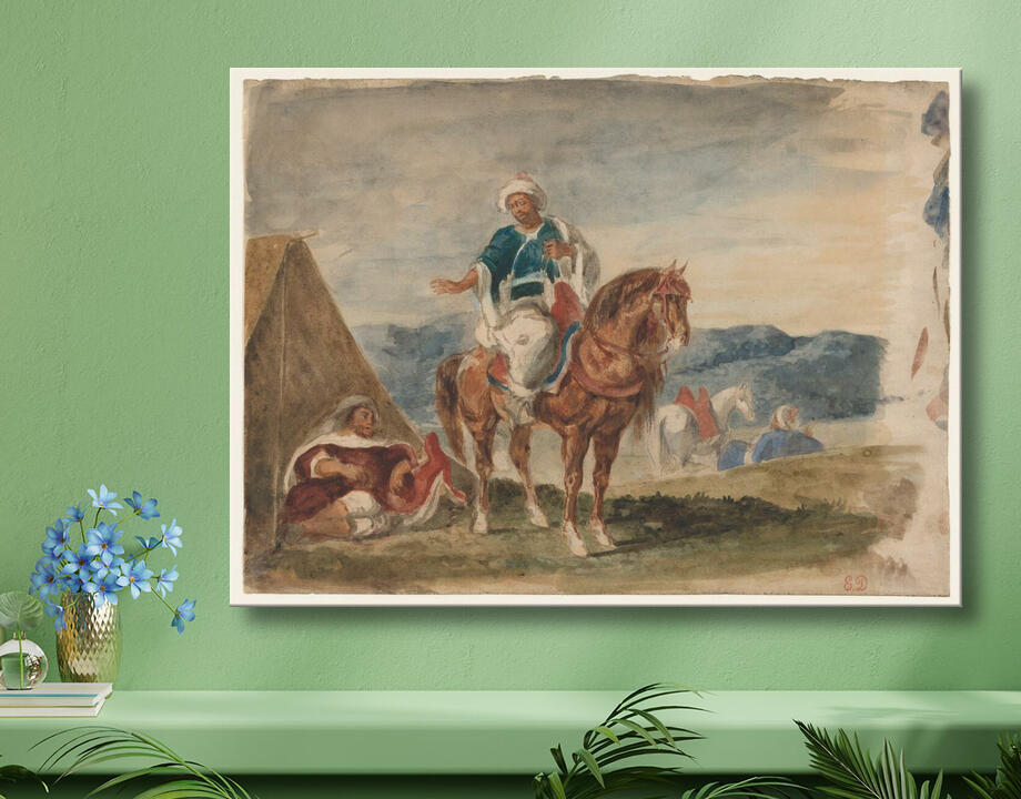 Eugène Delacroix : Trois cavaliers arabes dans un campement