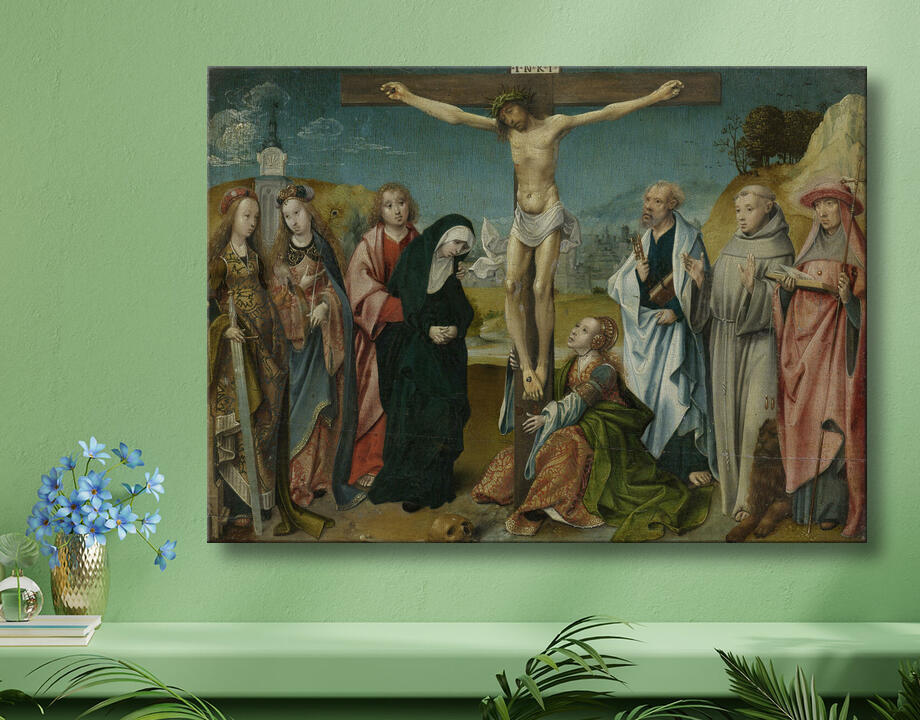 Cornelis Engebrechtsz : Le Christ en croix, avec Marie, Jean, Marie Madeleine et saintes Cécile et Barbara (à gauche) et Pierre, François et Jérôme (à droite)