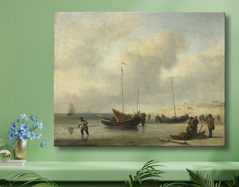 Willem van de Velde (II) : Bateaux de pêche sur le rivage (Le rivage, déchargement d'un smack de pêche)