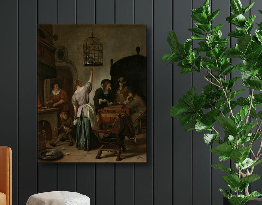 Jan Havicksz. Steen : Intérieur avec une femme nourrissant un perroquet, connu sous le nom de "Cage de perroquet"